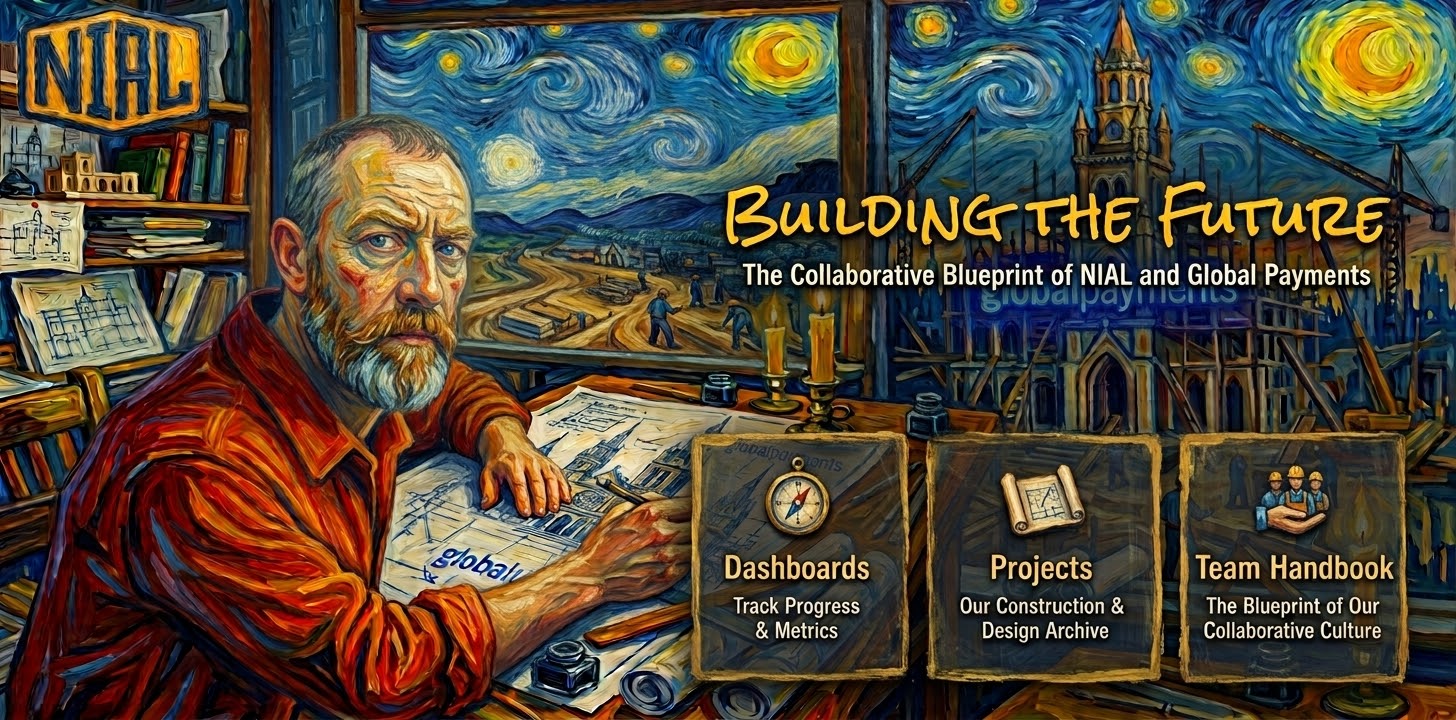 Building the Future: the collaborative blueprint of NIAL and Global Payments. A painted portrait of Nial at a drafting desk beneath a starry night sky.