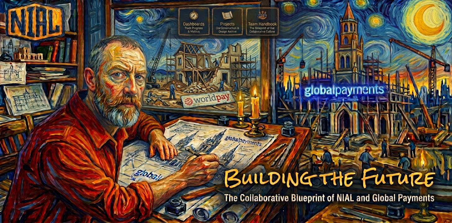 Building the Future: the collaborative blueprint of NIAL and Global Payments. A painted portrait of Nial at a drafting desk beneath a starry night sky, with links to Dashboards, Projects and the Team Handbook.